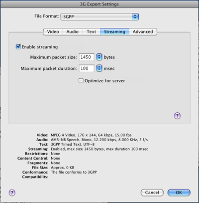 PcP Encodings - 3GPP (Release 5) Download - Streaming Settings